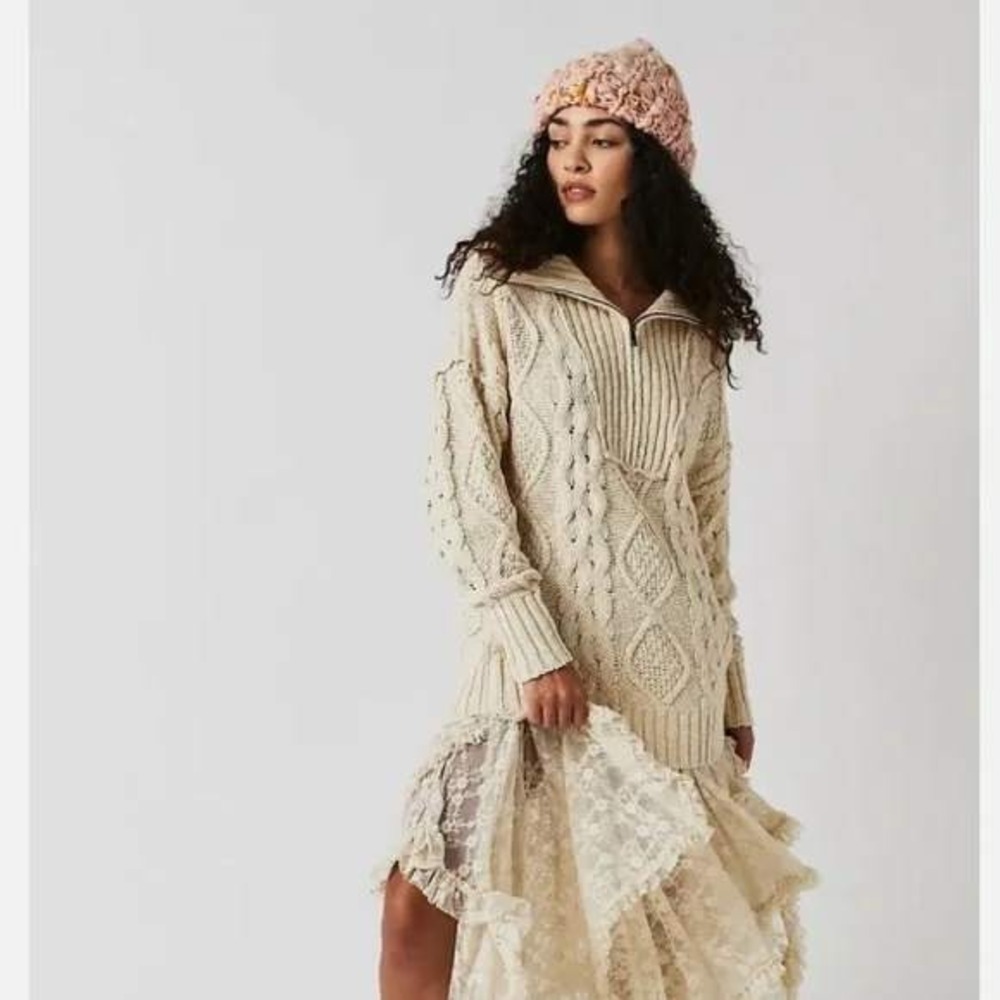 Free People Driftwood Cable Polo Ivory Half Zip Oversized‎ Sweater OB1590762 S